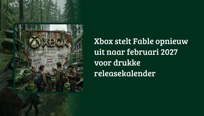 Brede H1-banner met The Last of Us afbeelding en titeltekst over Xbox die Fable uitstelt naar februari 2027