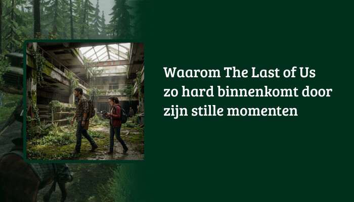 H1-banner voor The Last of Us met de titel overlay over een donkere scene met Joel en Ellie