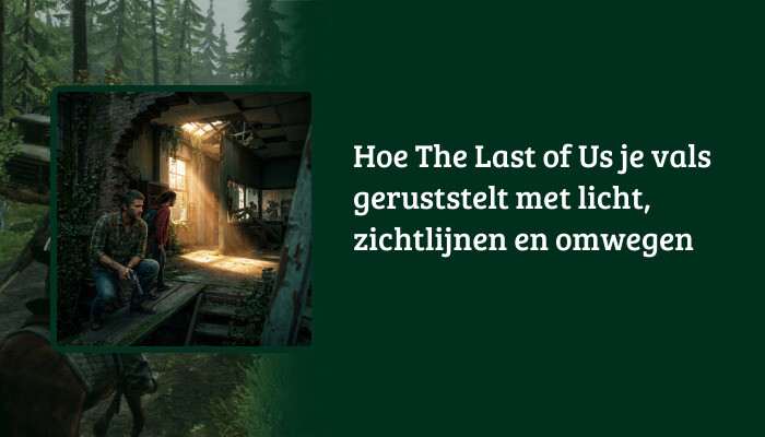 H1-banner voor The Last of Us met titeloverlay over een scène met sterke licht-donkercontrasten