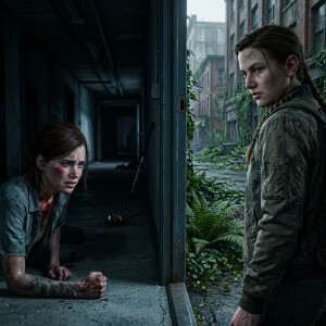 Uitgelichte thumbnail voor The Last of Us Part II met personageportret in donkere, gespannen sfeer