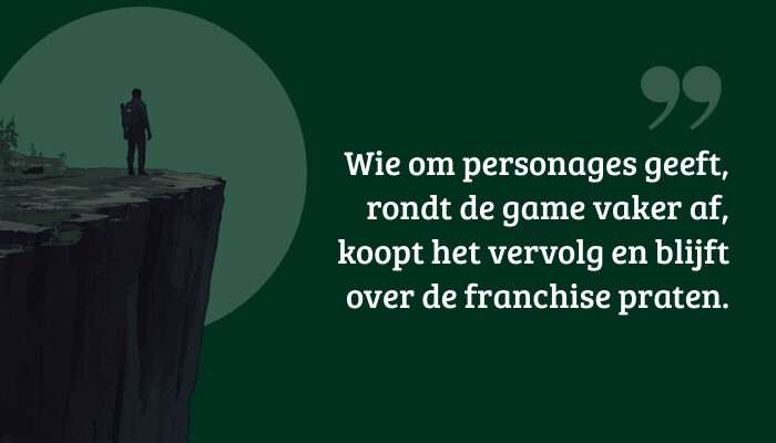 Quote-banner bij The Last of Us met pull quote over personages en franchise, over een game-achtergrond