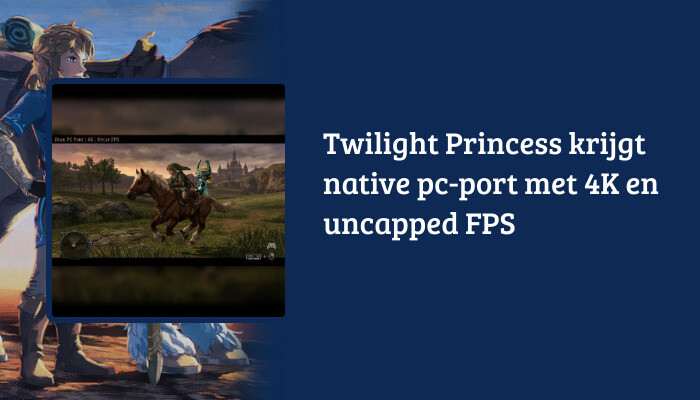 H1-banner voor The Legend of Zelda: Twilight Princess met titeloverlay over een Link-in-actie afbeelding