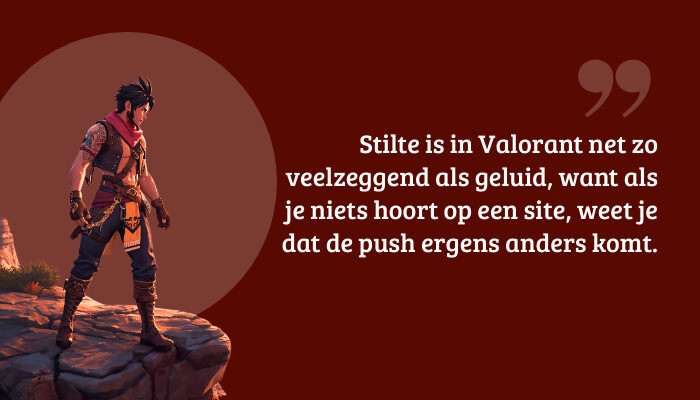 Valorant quote-banner met pull-quote over stilte en geluid, over een brede header met gamebeeld