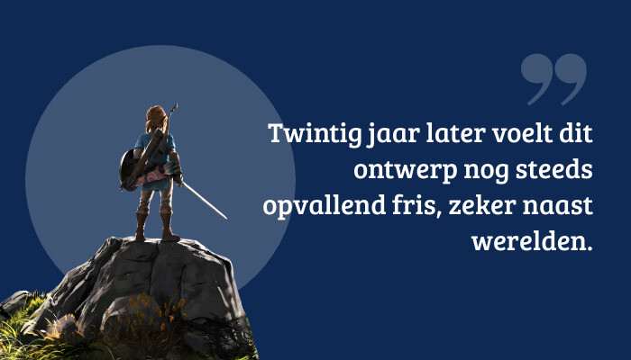 Quote-banner bij The Legend of Zelda: The Wind Waker met pull quote over het frisse ontwerp, twintig jaar later