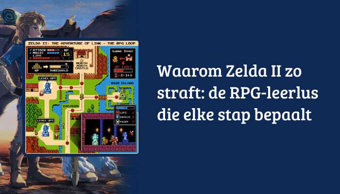 H1-banner voor Zelda II: The Adventure of Link met titeloverlay over de strenge RPG-leerlus