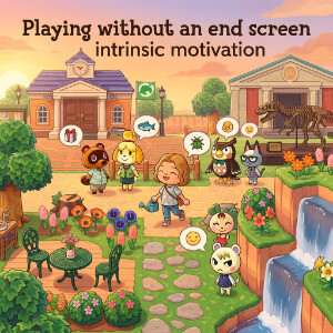 Featured thumbnail voor Animal Crossing: New Horizons met eilandscène in zachte, kleurrijke stijl