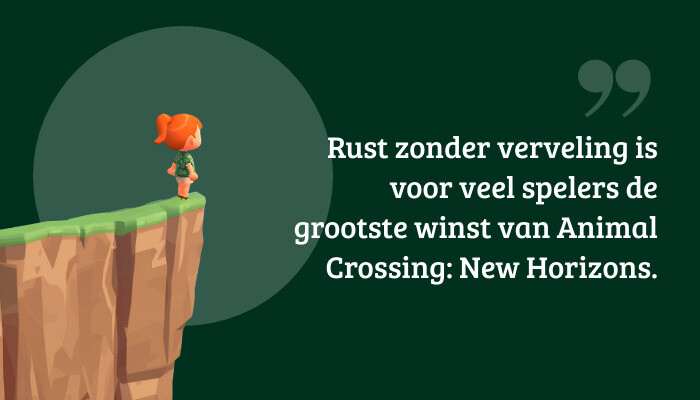 Quote-banner met citaat over rust zonder verveling in Animal Crossing: New Horizons op eilandachtergrond