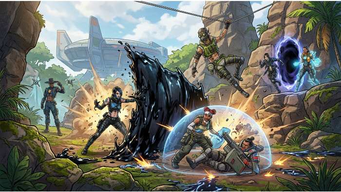 Apex Legends thumbnail met drie Legends en de tekst over de huidige season meta