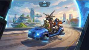 Apex Legends thumbnail met een Trident voertuig op de Olympus map, passend bij een gids over Trident locaties