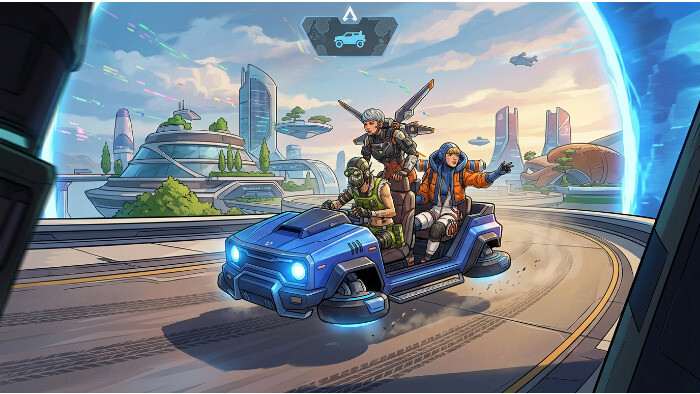 Apex Legends thumbnail met een Trident voertuig op de Olympus map, passend bij een gids over Trident locaties