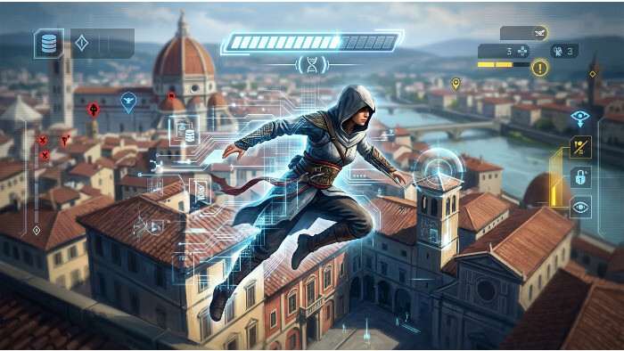 Assassin's Creed featured thumbnail met Animus-interface stijl en titeltekst over interface-uitleg
