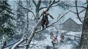 Featured thumbnail voor Assassin's Creed III met een Assassin tegen een Amerikaanse Revolutie-achtergrond op PlayStation