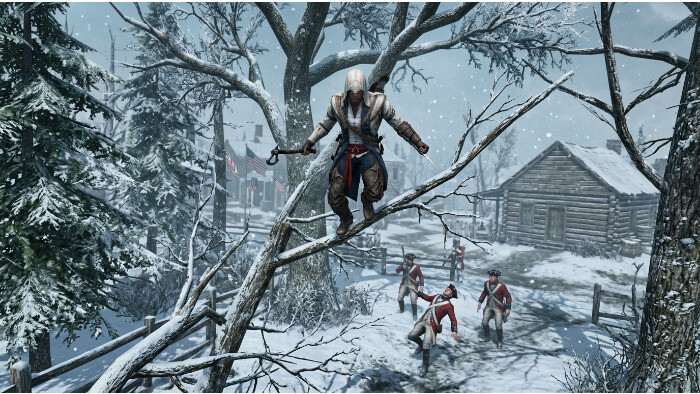 Featured thumbnail voor Assassin's Creed III met een Assassin tegen een Amerikaanse Revolutie-achtergrond op PlayStation