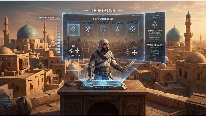 Assassins Creed Mirage featured thumbnail met een gemaskerde assassin, bij het nieuws over de Black Tides-quest en Domains-modus