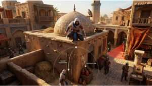 Vierkante thumbnail voor Assassin's Creed Mirage met een sluipende assassin in Midden-Oosterse setting