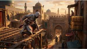 Uitgelichte thumbnail van Assassin's Creed Mirage met een sluipende Assassin in de straten van Bagdad