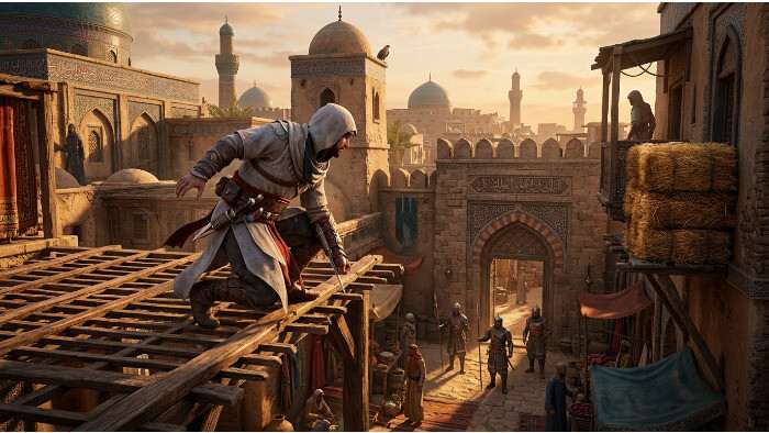 Uitgelichte thumbnail van Assassin's Creed Mirage met een sluipende Assassin in de straten van Bagdad