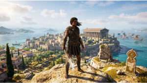 Vierkante thumbnail voor Assassin's Creed Odyssey met verwijzing naar de gratis missie Black Tides en Domains endgame