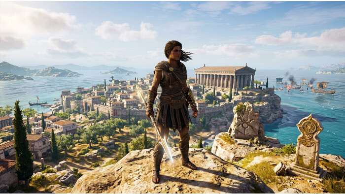 Vierkante thumbnail voor Assassin's Creed Odyssey met verwijzing naar de gratis missie Black Tides en Domains endgame