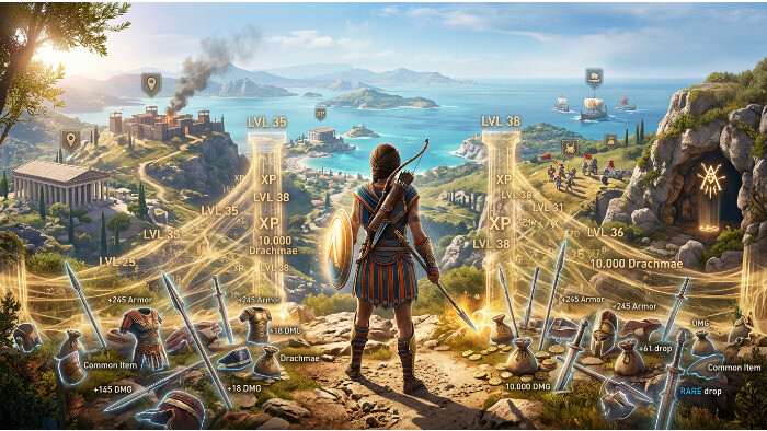 Assassin's Creed Odyssey featured thumbnail met de Griekse held en tekst over de game die voelt als een tweede baan
