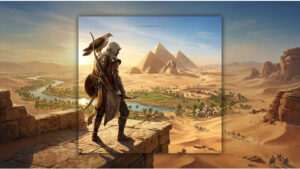 Uitgelichte thumbnail van Assassin's Creed Origins met Bayek in woestijnomgeving in het oude Egypte