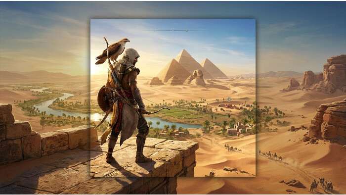 Uitgelichte thumbnail van Assassin's Creed Origins met Bayek in woestijnomgeving in het oude Egypte