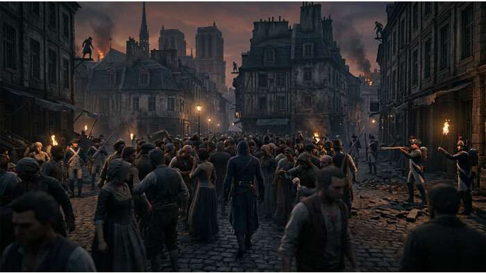 Assassin's Creed: Unity thumbnail met een assassin in een drukke menigte, passend bij stealth en crowd blending