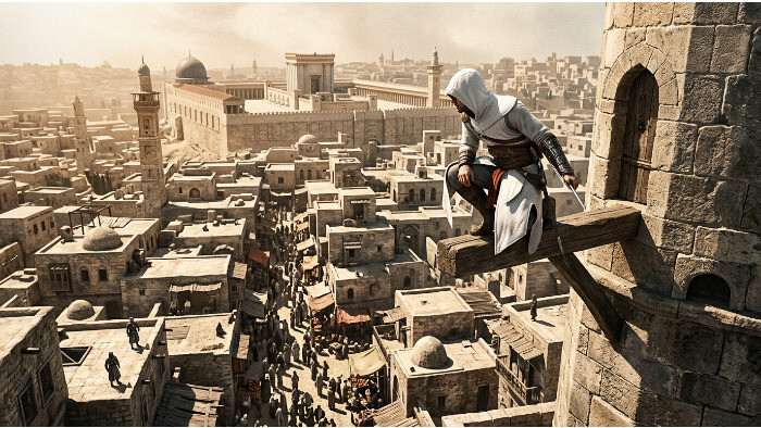 Uitgelichte thumbnail voor Assassins Creed op Xbox, met de assassin in witte kap en verborgen mes (2007)