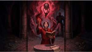 Baldur's Gate 1 featured thumbnail over de Bhaalspawn-achtergrond, met een fantasieportret in donkere sfeer