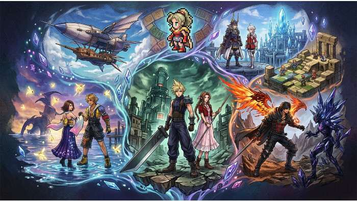 Featured thumbnail voor artikel over de beste Final Fantasy game, met Final Fantasy-achtige fantasy illustratie