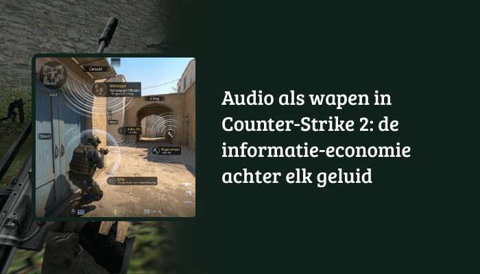 Counter-Strike 2 H1-banner met titeloverlay over audio als wapen en een CT-personage op de achtergrond