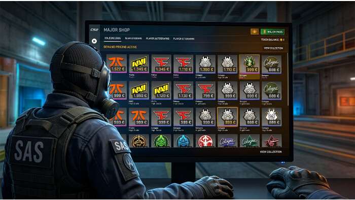 Counter-Strike 2 thumbnail met CS2 Major Shop en Cologne-stickers, met nadruk op explosief gestegen prijzen