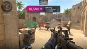 CS2 featured thumbnail over het Premier rating systeem, met game-achtige achtergrond en duidelijke titeltekst