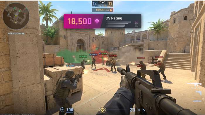 CS2 featured thumbnail over het Premier rating systeem, met game-achtige achtergrond en duidelijke titeltekst