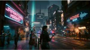 Cyberpunk 2077 featured thumbnail met Night City straatbeeld, gericht op navigeren zonder mini-map