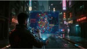 Cyberpunk 2077 thumbnail met Night City kaart en routepunten voor efficiebnte navigatie