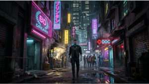 Uitgelichte thumbnail van Cyberpunk 2077 met Night City neonstraat, passend bij navigatie zonder mini-map