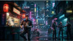 Uitgelichte thumbnail voor Cyberpunk 2077 met Night City neon-skyline, bij speelervaring op PC, PS en Xbox