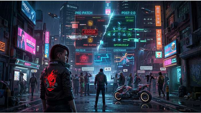 Cyberpunk 2077 thumbnail met neon Night City-sfeer bij discussie over opnieuw kopen na patch 2.0
