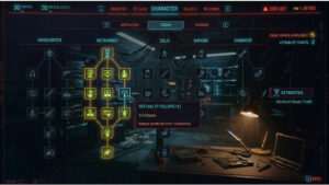 Cyberpunk 2077 thumbnail met V en perk tree-menu, verwijzend naar het resetten van perks in patch 2.0/2.1
