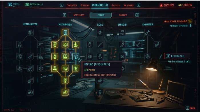 Cyberpunk 2077 thumbnail met V en perk tree-menu, verwijzend naar het resetten van perks in patch 2.0/2.1