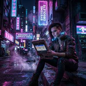 Cyberpunk 2077 featured thumbnail met V in neonstad, bij nieuws over Windows 10 stop en Windows 11 upgrade