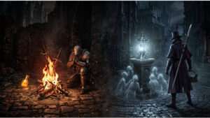 Uitgelichte thumbnail over Dark Souls bonfire versus Bloodborne lamp, met donkere fantasy-sfeer en centraal lichtpunt
