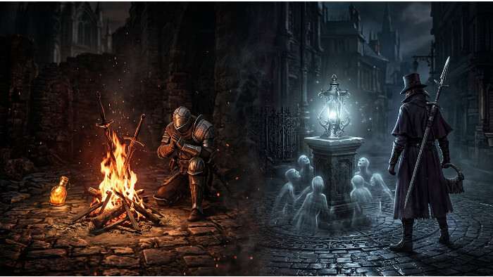 Uitgelichte thumbnail over Dark Souls bonfire versus Bloodborne lamp, met donkere fantasy-sfeer en centraal lichtpunt