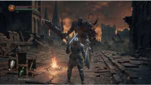 Uitgelichte thumbnail van Dark Souls III met een gepantserde krijger in een donker, rokerig decor