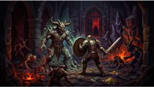 Diablo 1 featured thumbnail met een Warrior in harnas en zwaard tegen een vurige Hell-achtergrond