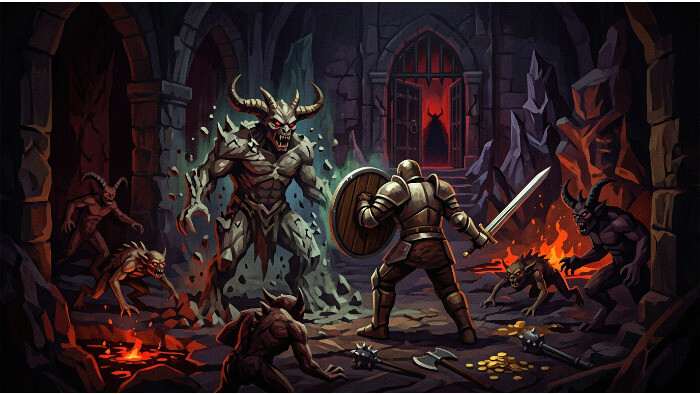 Diablo 1 featured thumbnail met een Warrior in harnas en zwaard tegen een vurige Hell-achtergrond