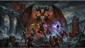 Diablo IV featured thumbnail met duistere rode achtergrond en de titel over PC, PS en Xbox