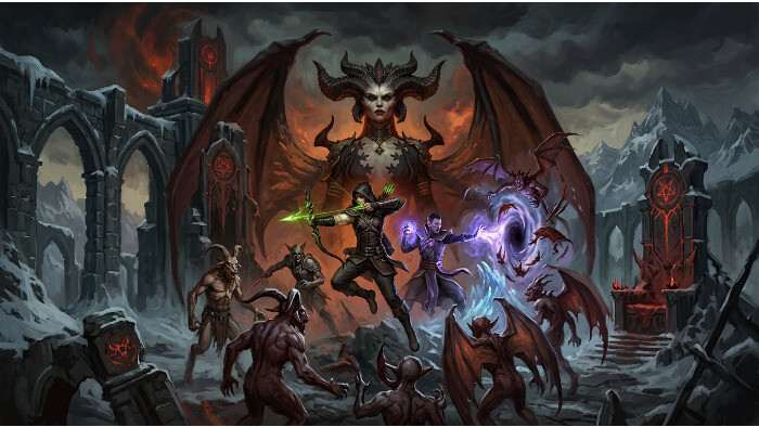 Diablo IV featured thumbnail met duistere rode achtergrond en de titel over PC, PS en Xbox