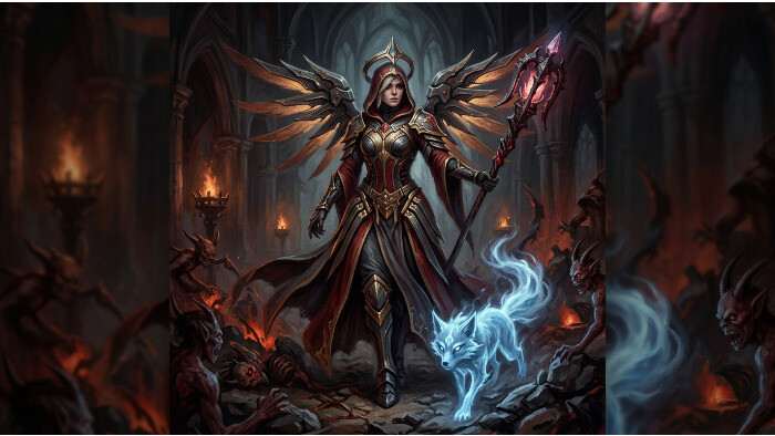 Diablo IV uitgelichte thumbnail met een demonisch personage en koptekst over Season 14 met Overwatch-skins